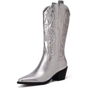 Women's Embroidered Western Knee High Medium Heel Shiny Silver Metal Boots